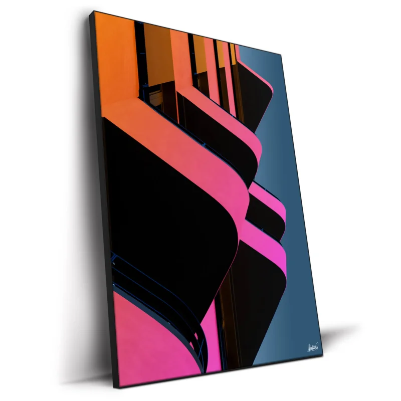 Neon balconies with pink and orange overlapping elements and deep shadows.