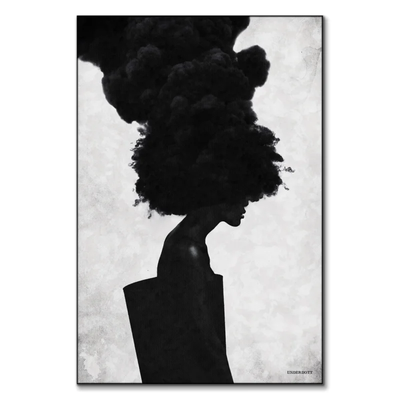 Black and white portrait of a silhouette with a cloud-like black hairstyle against a textured gray background.