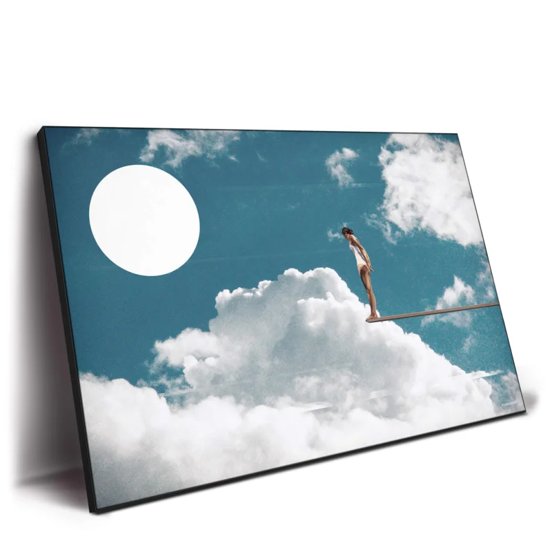 Woman on a diving board against a blue sky with white clouds and a large white circle sun.