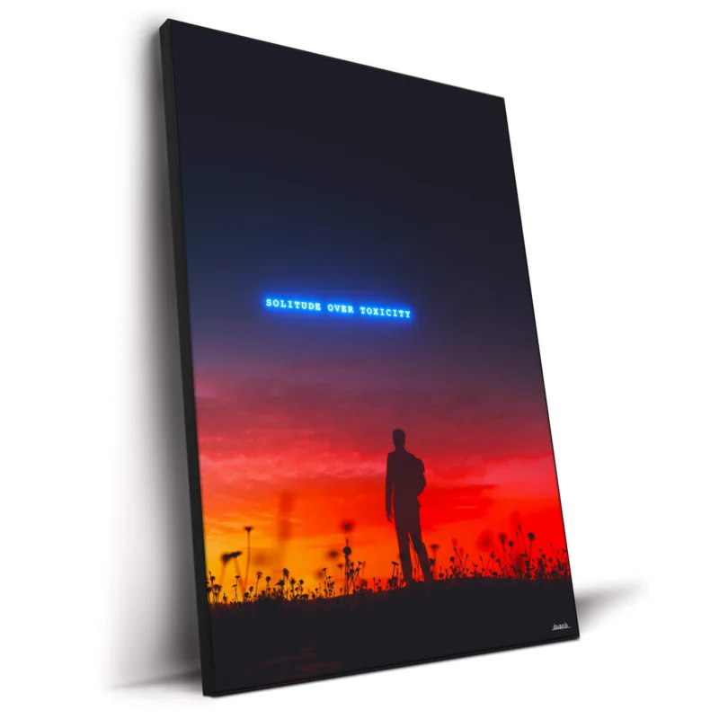 A silhouette against a vibrant sunset with the quote "SOLITUDE OVER TOXICITY" displayed prominently.