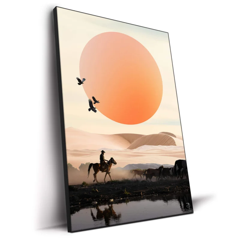 Cowboy riding a horse at sunset, guiding cattle in a desert landscape with an orange sun and flying birds.