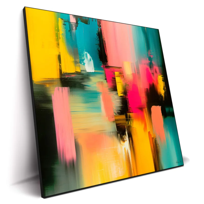 Abstract contemporary wall art showcasing vibrant yellow, pink, and blue colors with textured brush strokes.