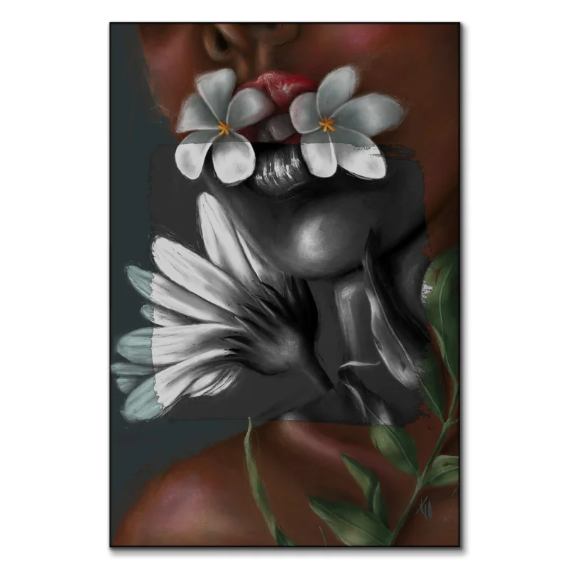 Black and white painting of a woman with floral designs, showcasing intricate details and contrast.