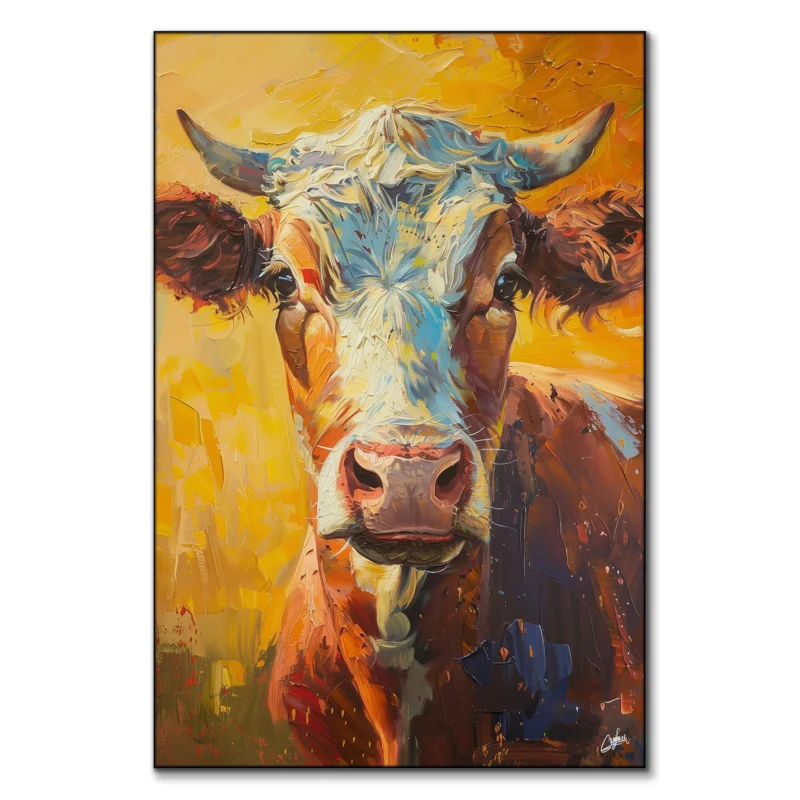 A painting of a warm brown cow with textured brushstrokes, evoking calm and serenity.