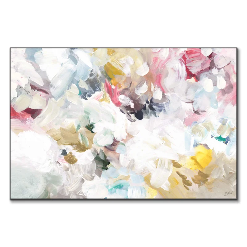 An abstract floral painting featuring a mix of colors and shapes, creating a vibrant and expressive artwork.