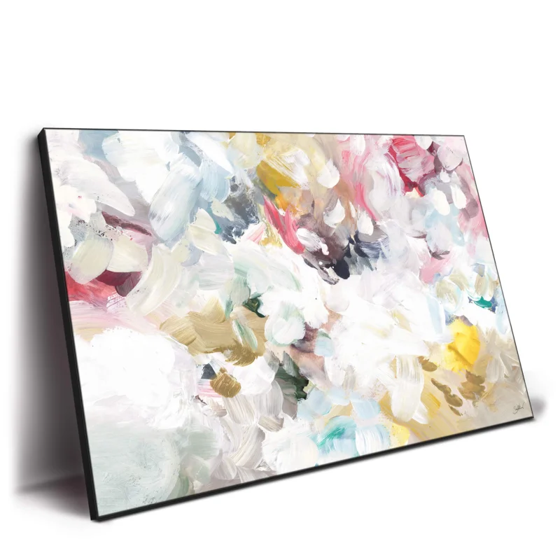 An abstract floral painting featuring a mix of colors and shapes, creating a vibrant and expressive artwork.