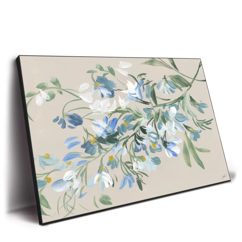 Blue and white floral watercolor painting on a tan background, featuring soft colors and delicate details.