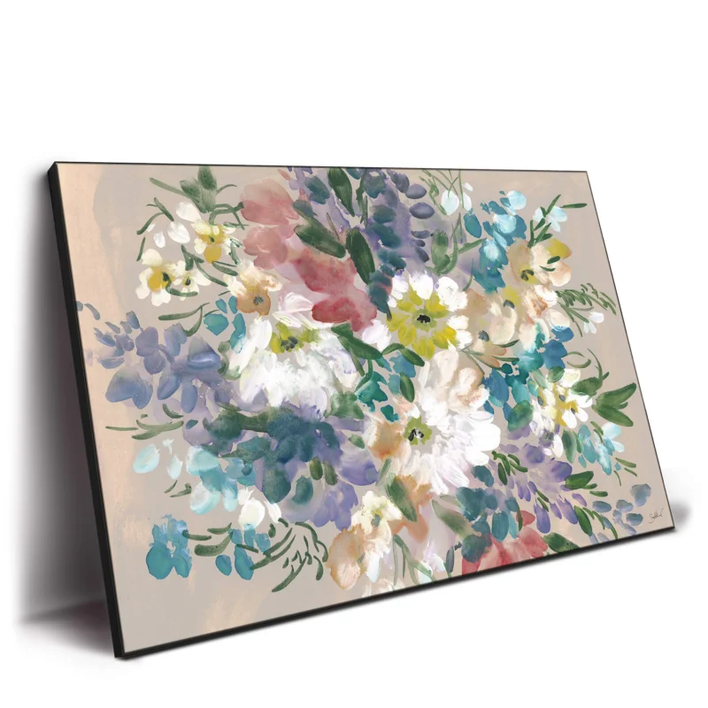 A colorful bouquet of flowers painted in watercolor on a tan background, featuring vibrant hues and delicate brushstrokes.