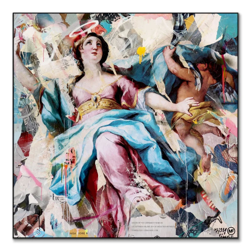 An angelic figure from a classical painting, reimagined with bright colors and abstract textures.