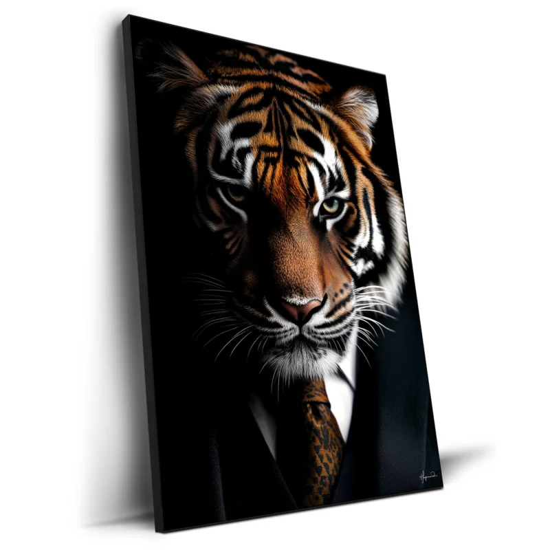 A tiger in a black suit and patterned tie with piercing eyes, set against a black background.