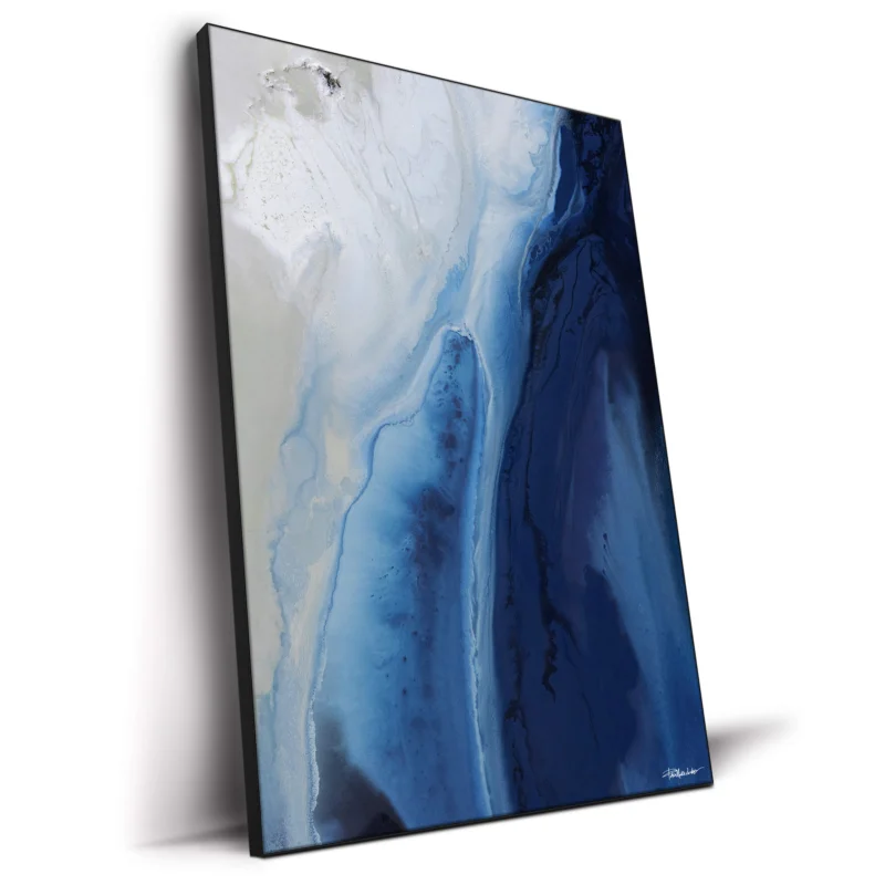 Blue abstract seascape painting featuring dynamic waves and deep ocean tones.