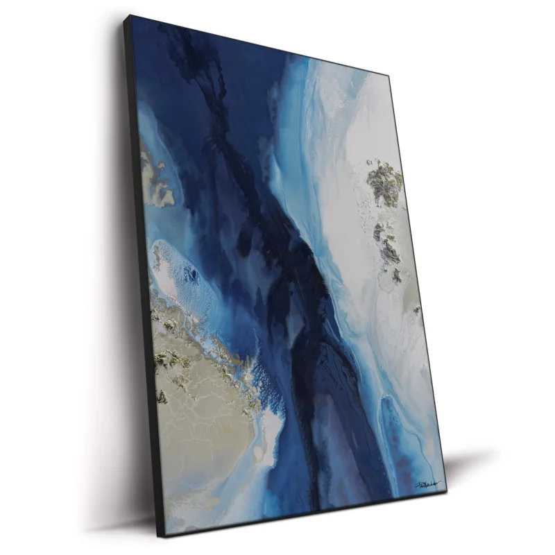 Mixed media ocean-inspired artwork using blues and greens to create depth and texture.