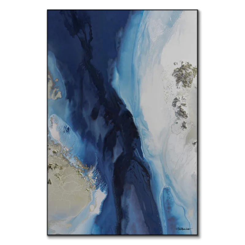 Mixed media ocean-inspired artwork using blues and greens to create depth and texture.