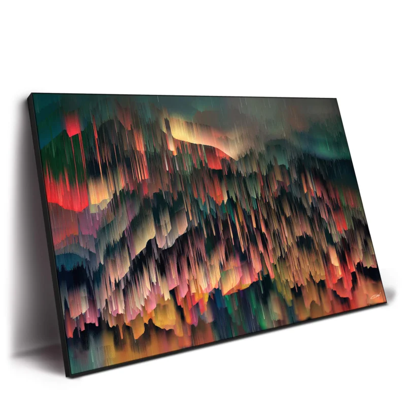 A colorful glitched digital landscape artwork with red, blue, and yellow hues blending together.