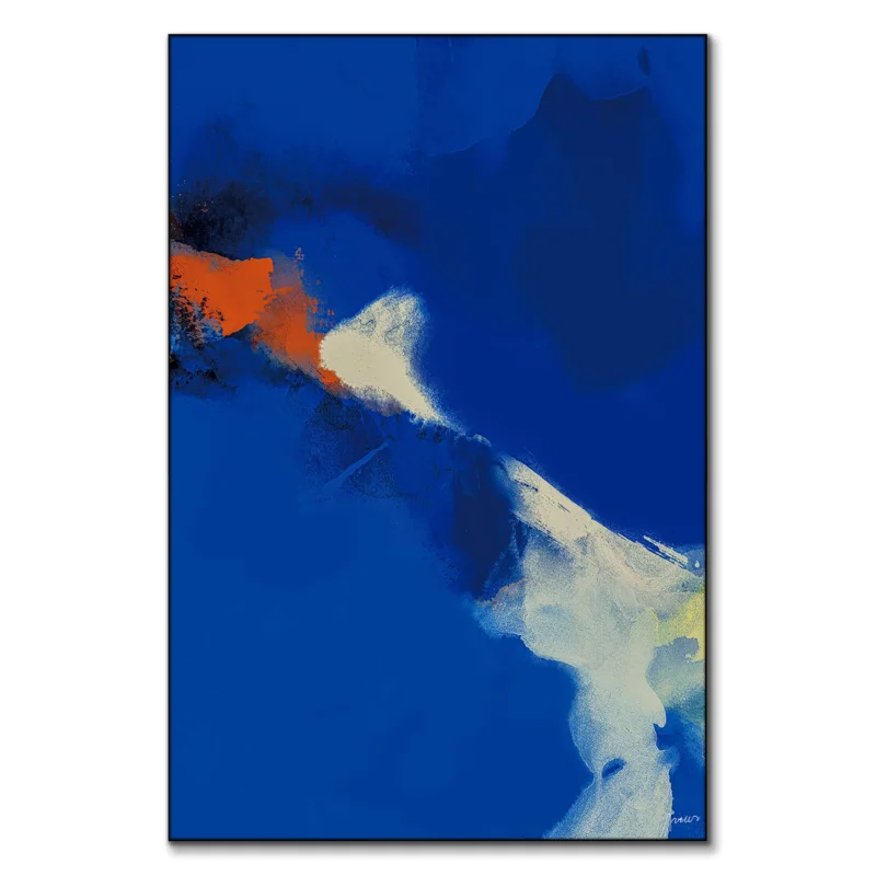 A vibrant abstract painting featuring deep blue, white, and orange swirls and contrasts.