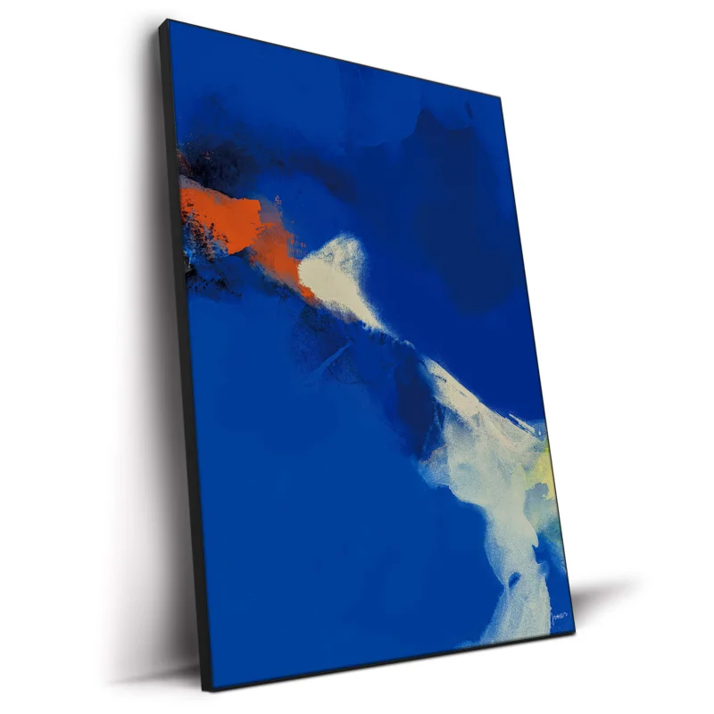A vibrant abstract painting featuring deep blue, white, and orange swirls and contrasts.
