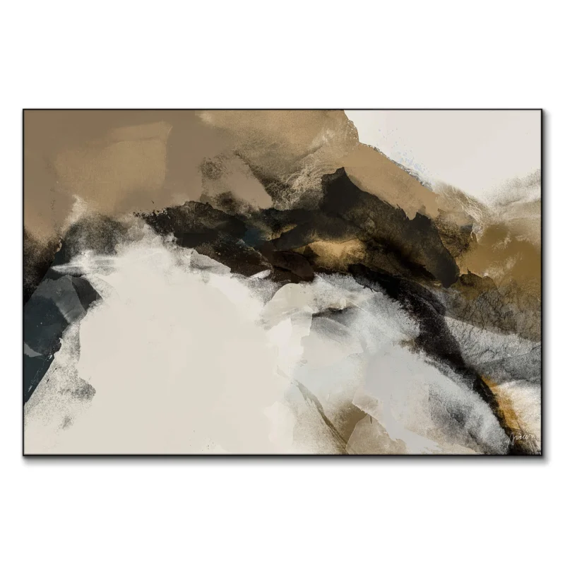 Abstract modern artwork in brown and tan with fluid shapes, dark accents, and subtle textures for a grounded, elegant feel.
