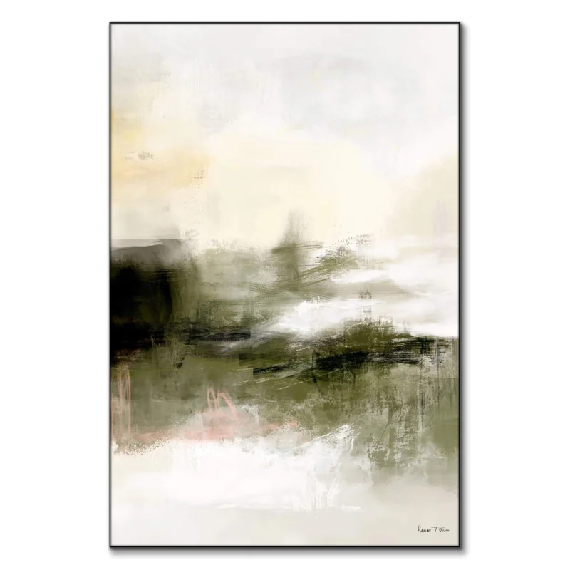 Abstract artwork blending olive green and white with fluid brushstrokes and subtle textures.