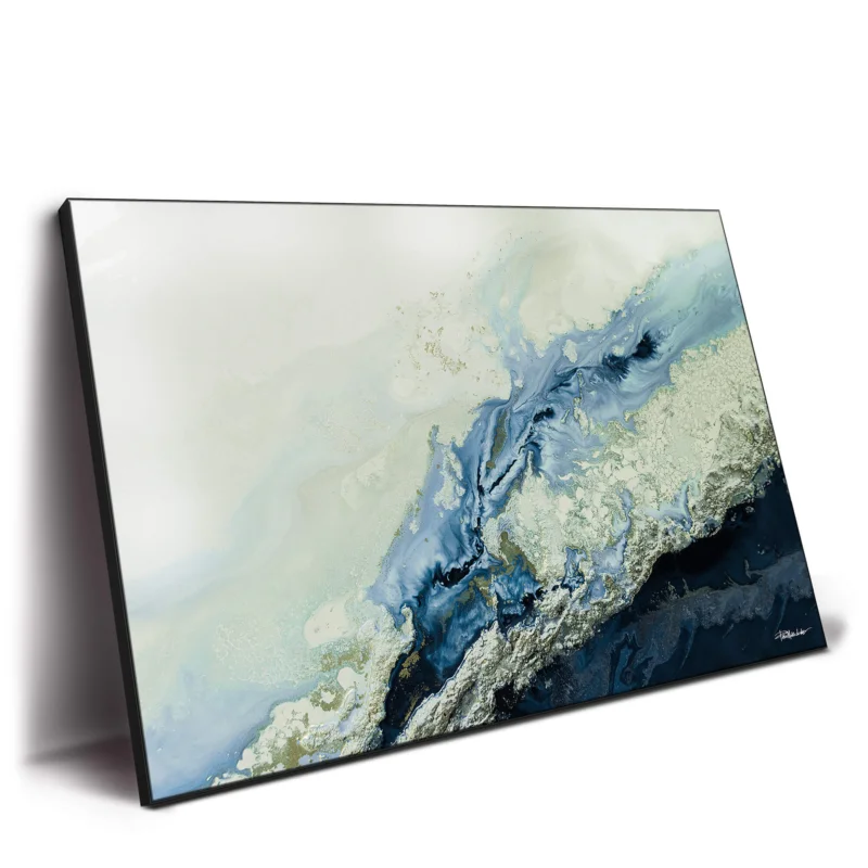 Abstract ocean painting with turquoise waves blending with beige and cream hues, capturing the essence of the sea.