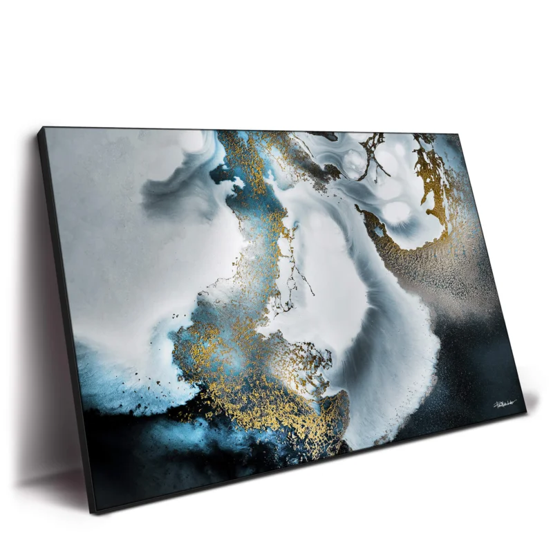 Alt Text: Abstract ocean artwork in blue, black, and gold with fluid swirls and metallic accents.
