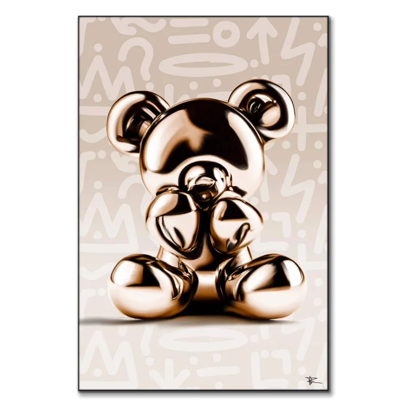 Gold metallic bear sculpture on a graffiti-inspired cream background with abstract patterns.