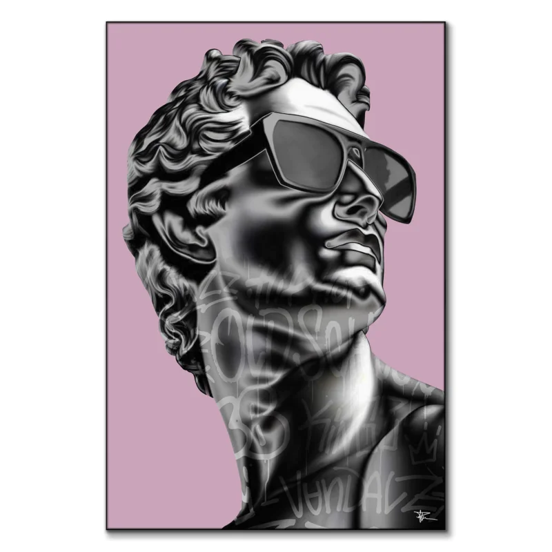 Chrome statue of David with graffiti background, contemporary street art style.