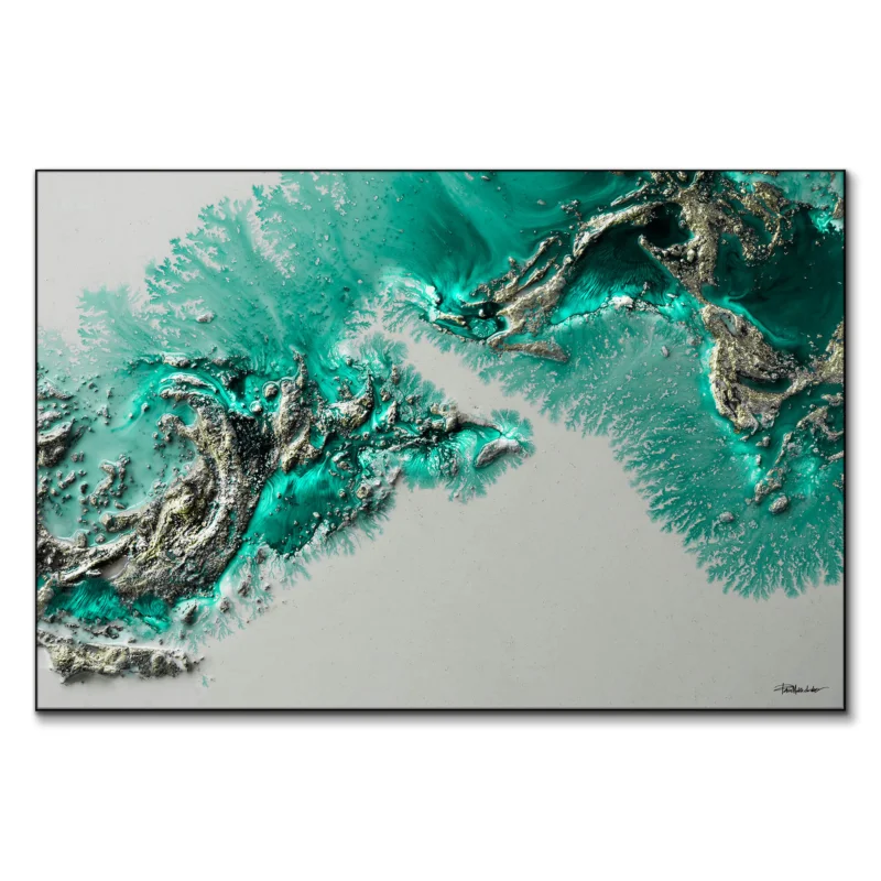 Abstract ocean scene with topographic wave forms in teal and turquoise, textured to create a dynamic, layered ocean look.