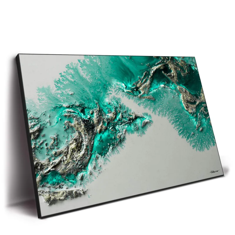Abstract ocean scene with topographic wave forms in teal and turquoise, textured to create a dynamic, layered ocean look.