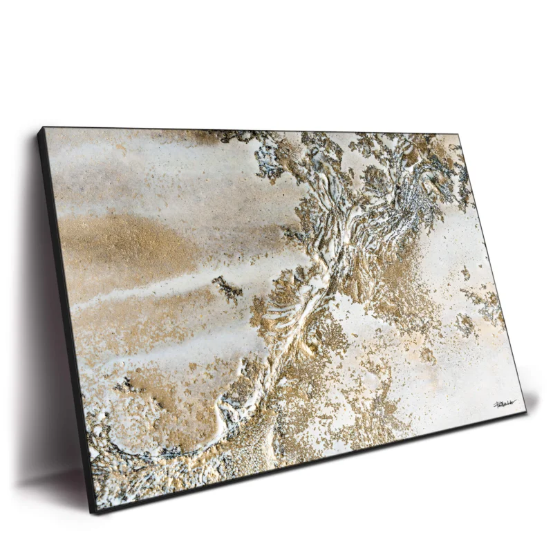 White and gold topographic abstract painting with intricate lines and soft textures.