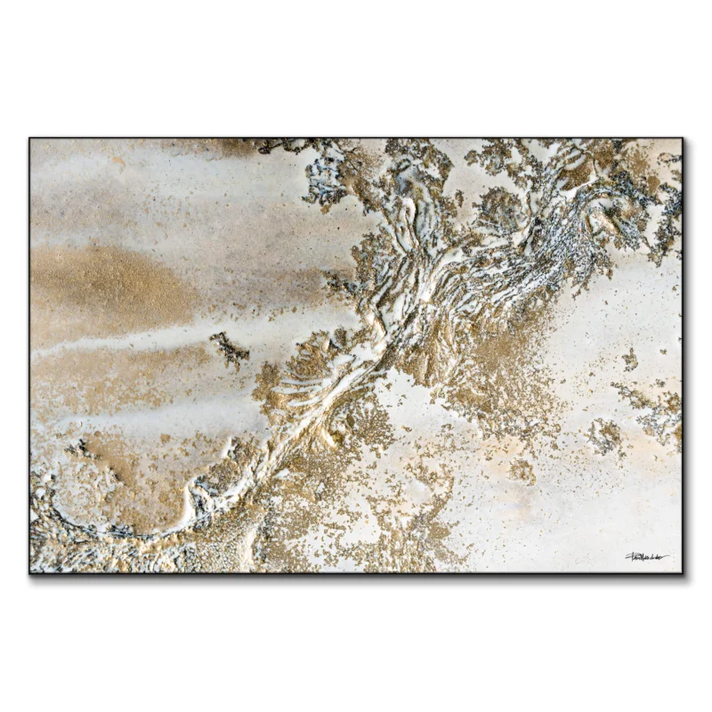 White and gold topographic abstract painting with intricate lines and soft textures.