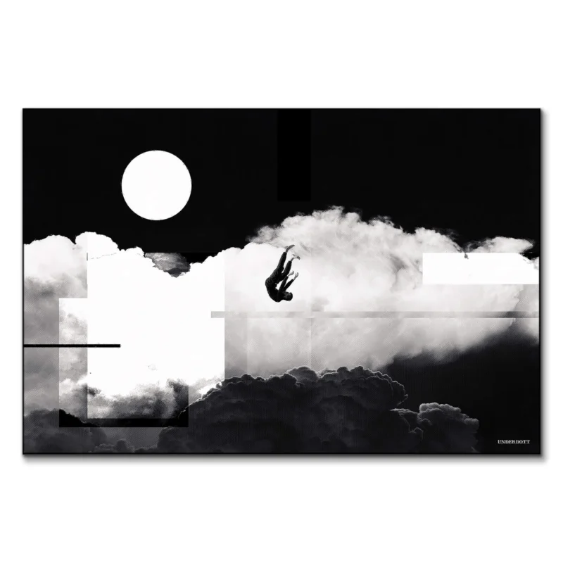 Surreal black-and-white portrait of a man falling through dramatic clouds with geometric lines.