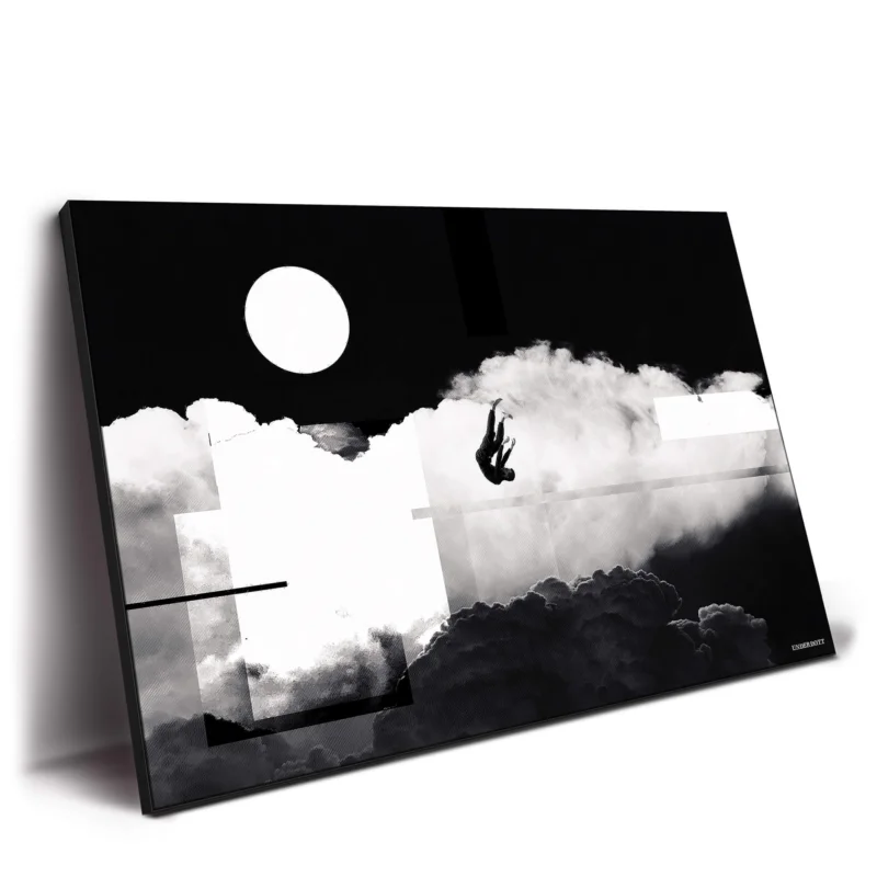Surreal black-and-white portrait of a man falling through dramatic clouds with geometric lines.
