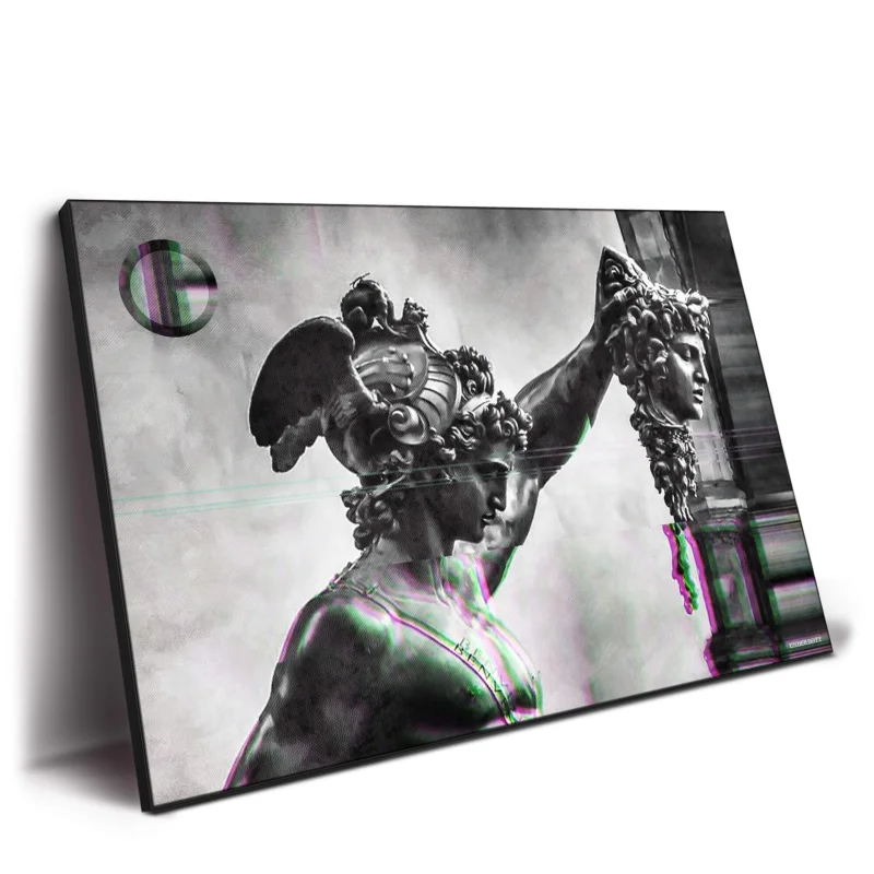 Digital glitch effect on the statue of Perseus holding Medusa's head, with modern distortions blending into the classical figure.
