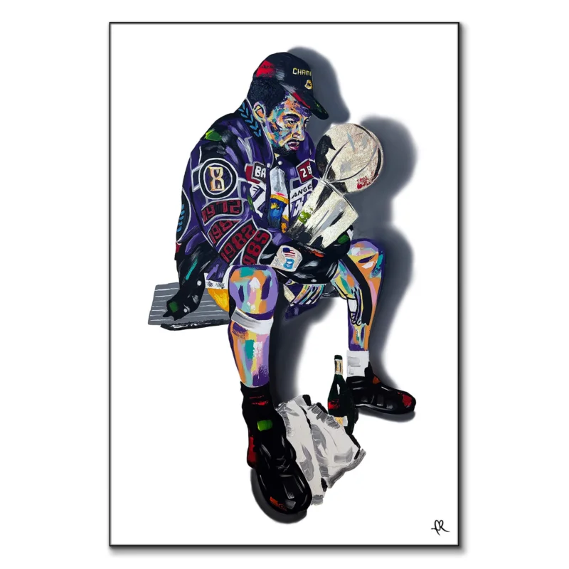 Pop art-style illustration of a Lakers Championship celebration with fragmented geometric shapes, vibrant colors, and an energetic expression of victory.