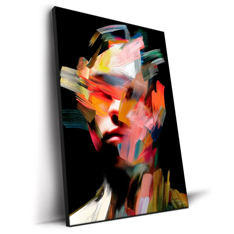 Colorful abstract portrait with large, sweeping brushstrokes in red, yellow, and blue, forming the face in an expressive, dynamic way.