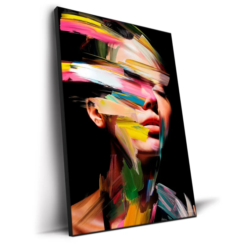 Fragmented abstract portrait with bright colors of pink, yellow, blue, and green blending through dynamic brushstrokes.