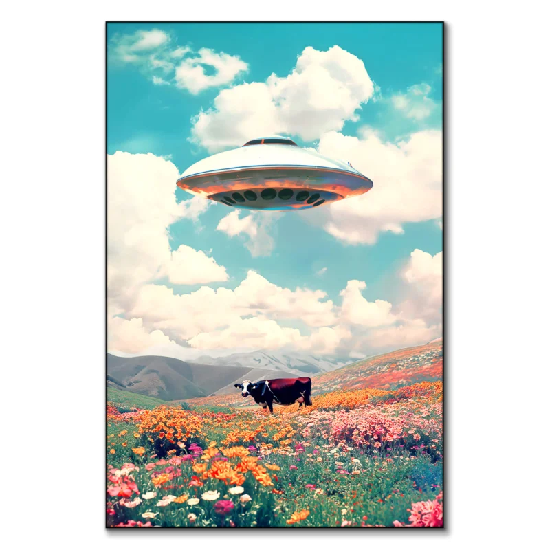 Pastel painting of a cow in a meadow with a UFO in the sky.