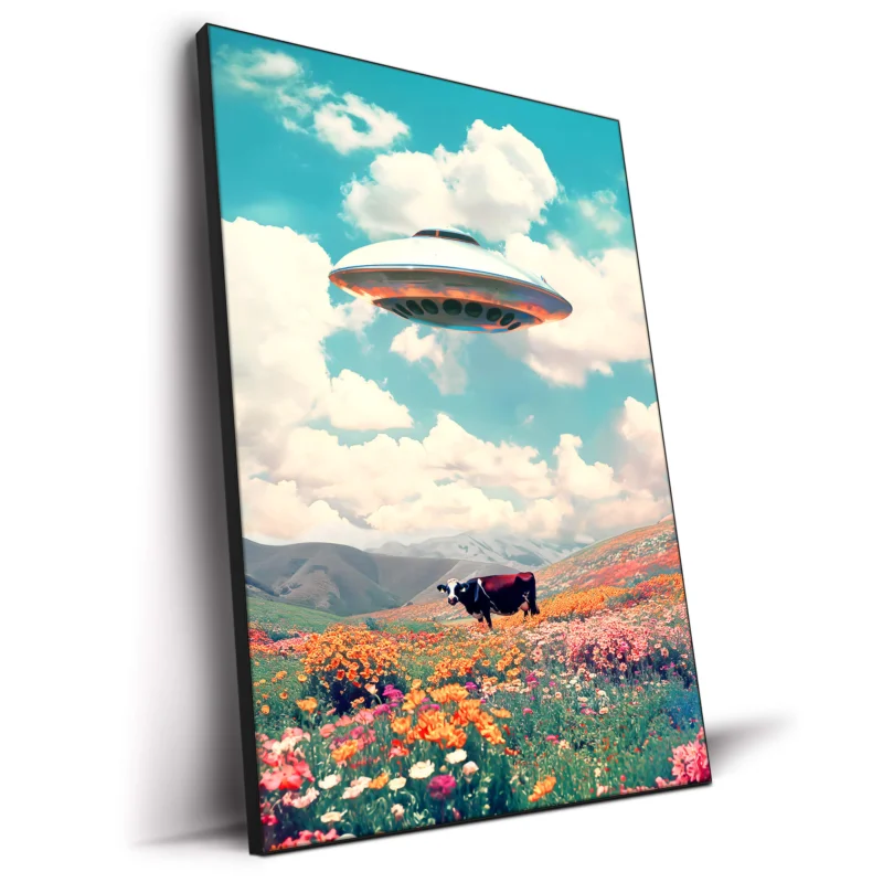 Pastel painting of a cow in a meadow with a UFO in the sky.