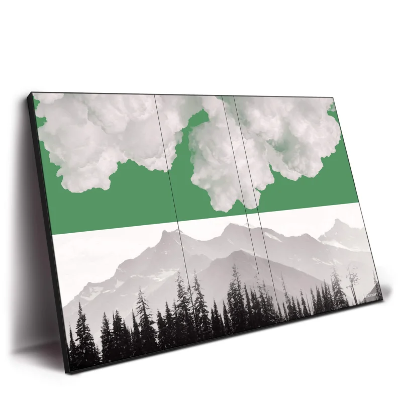 A surreal mountain landscape with a green-tinted sky, filled with striking clouds, evoking intensity and drama.