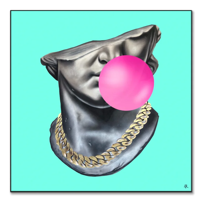 Teal Statue of David with a pink bubblegum bubble and gold chain, pop art style.