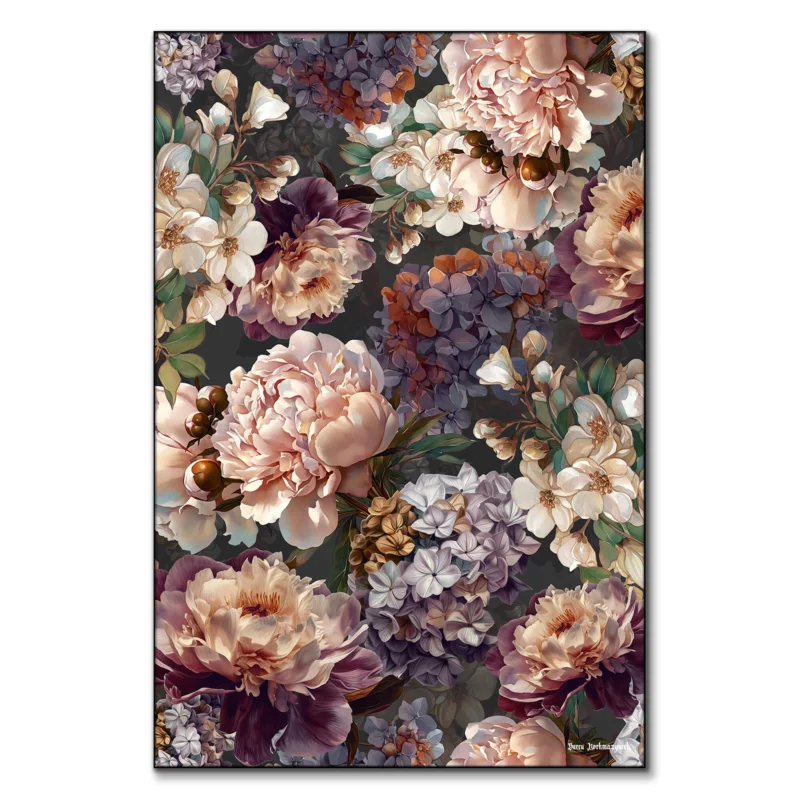 Elegant floral artwork featuring lush peonies, hydrangeas, and delicate blossoms in soft neutral tones against a dark background.