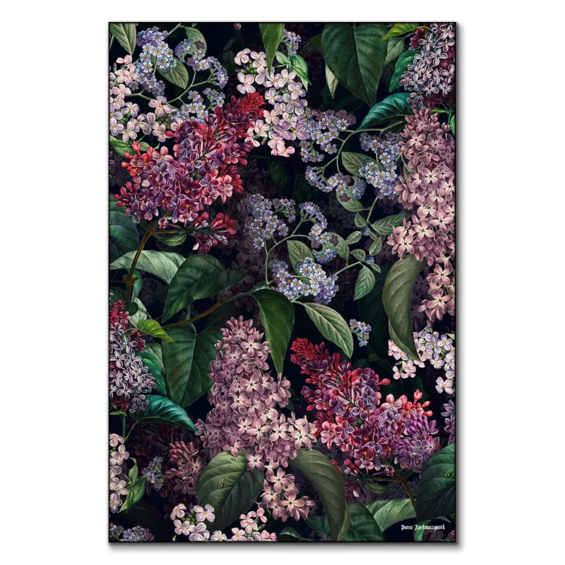 Dark botanical artwork featuring lush lilac and hydrangea blooms intertwined with deep green foliage against a black background.