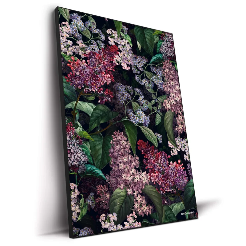 Dark botanical artwork featuring lush lilac and hydrangea blooms intertwined with deep green foliage against a black background.