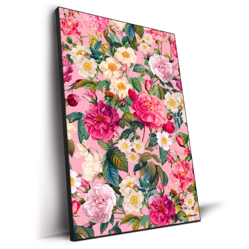 Vintage-inspired floral artwork featuring blooming roses, delicate white flowers, and lush green leaves against a soft pink background.