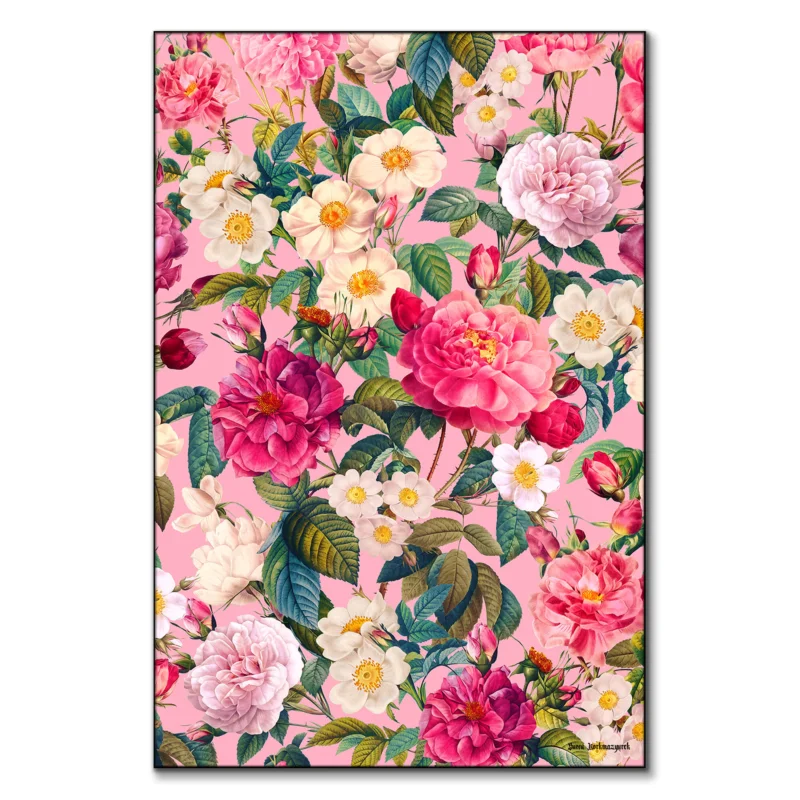 Vintage-inspired floral artwork featuring blooming roses, delicate white flowers, and lush green leaves against a soft pink background.