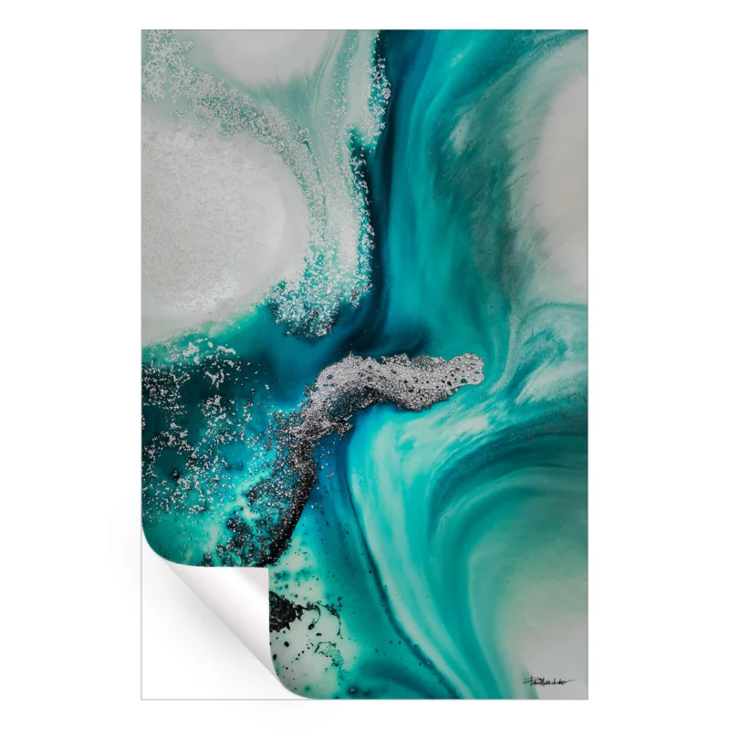 Abstract artwork featuring swirling turquoise and white hues with metallic silver and black accents, resembling ocean currents or mineral formations.