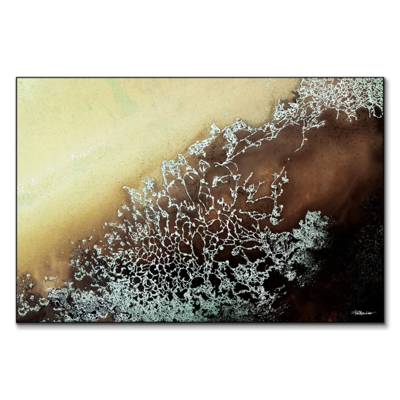 Abstract fluid art in earthy brown, beige, and metallic white, featuring intricate organic patterns resembling cracked earth or coral formations.