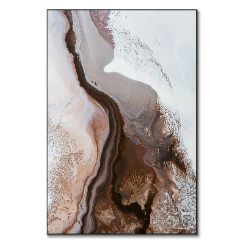 Abstract artwork featuring flowing earthy brown, copper, and white tones with organic textures.