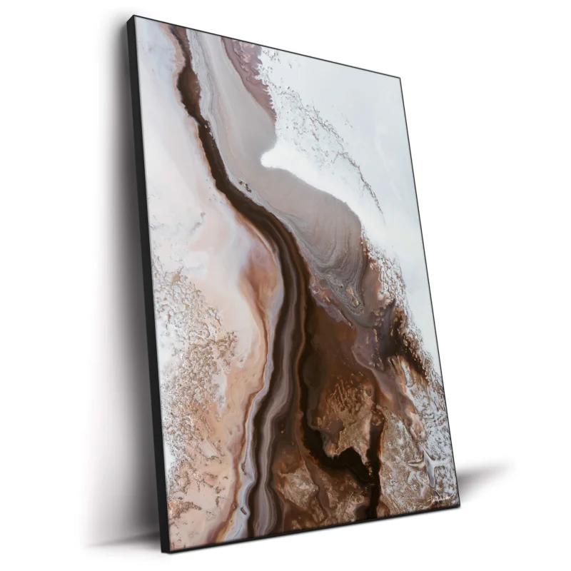 Abstract artwork featuring flowing earthy brown, copper, and white tones with organic textures.