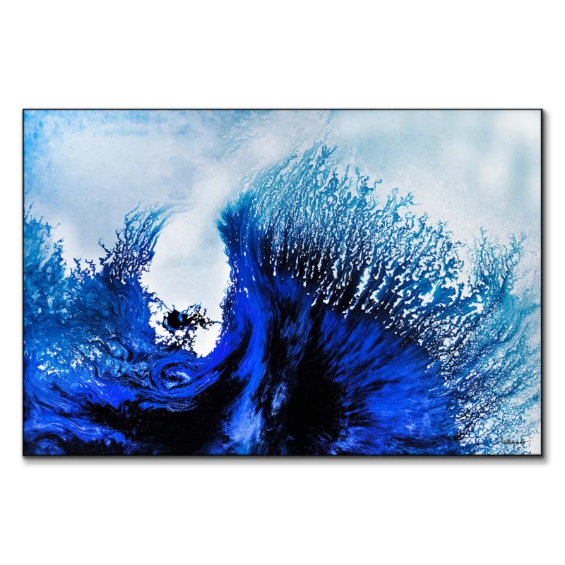 Abstract artwork featuring bold blue waves with dynamic motion against a soft, misty background.